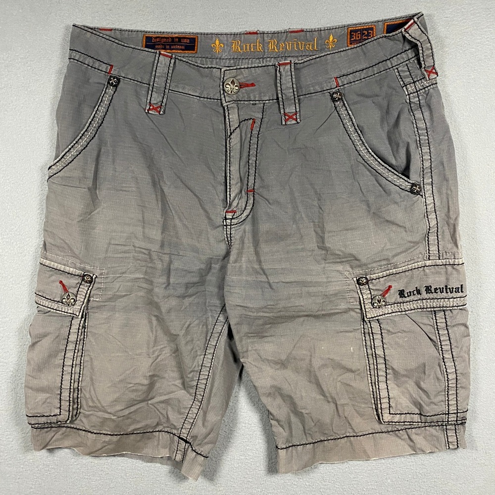 Rock Revival Cargo Shorts Men 36 Steel Gray Slim Ripstop REC134-19 Embroidery